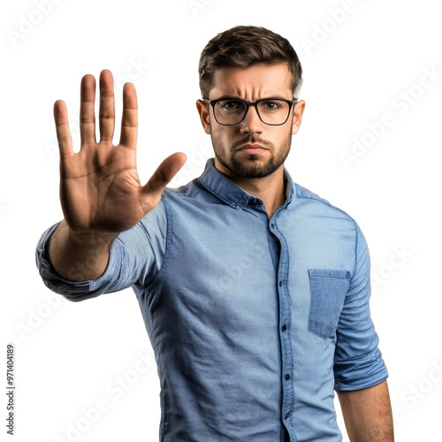 Young man with glasses standing firm and assertive isolated transparent