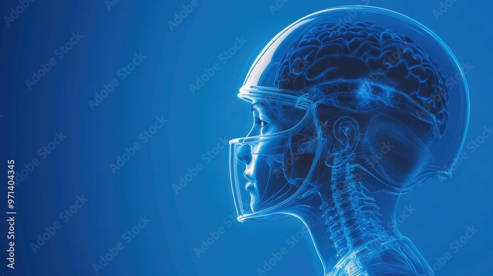 X-ray profile of person with helmet, showing brain and skeletal structure X-ray profile of person with helmet, showing brain and skeletal structure