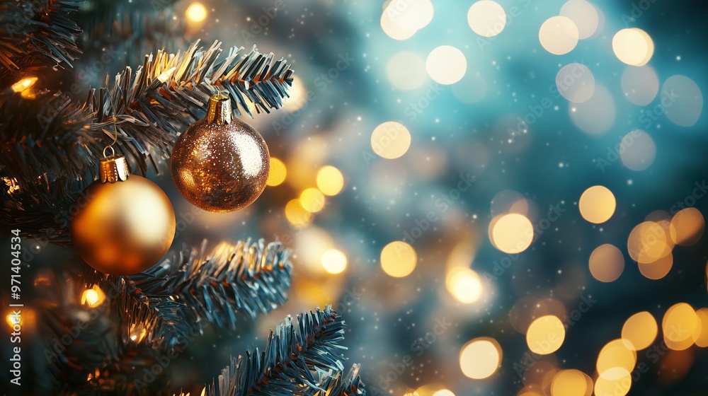 Decorated Christmas tree with golden ornaments and soft bokeh lights during a festive winter evening Decorated Christmas tree with golden ornaments and soft bokeh lights during a festive winter evening