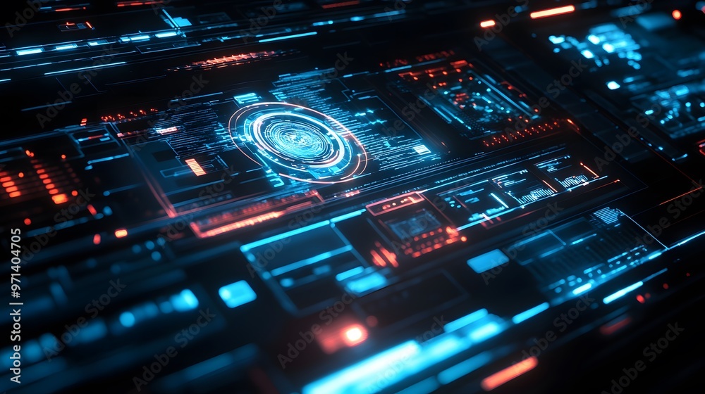 Digital HUD elements overlapping on a sleek neutral surface Digital HUD elements overlapping on a sleek neutral surface