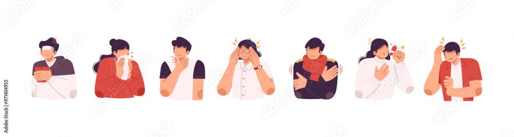 Boy and girl with flu, cold symptoms set. Ill sick sneezing, coughing. People with runny nose, headache, fever, sore throat, illness. Flat graphic vector illustration isolated on white background Boy and girl with flu, cold symptoms set. Ill sick sneezing, coughing. People with runny nose, headache, fever, sore throat, illness. Flat graphic vector illustration isolated on white background