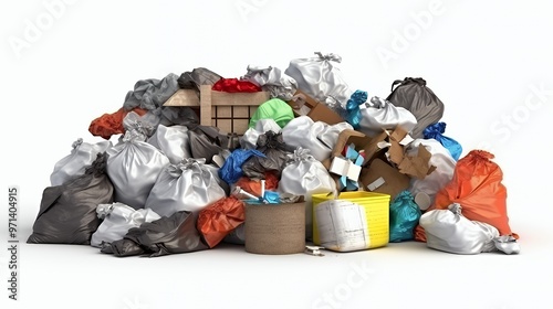 A pile of various colorful garbage bags, cardboard boxes, and other trash items on a white background.