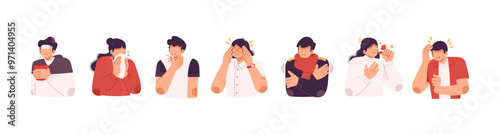 Boy and girl with flu, cold symptoms set. Ill sick sneezing, coughing. People with runny nose, headache, fever, sore throat, illness. Flat graphic vector illustration isolated on white background
