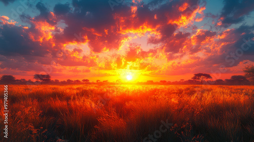 Majestic African Savanna Sunset with Dramatic Sky and Vibrant Landscape Capturing the True Essence of African Nature, Perfect for Travel, Adventure, and Outdoors Enthusiasts