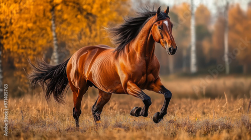 Majestic Brown Horse Galloping Through Autumn Field with Vibrant Foliage, Capturing the Spirit of Freedom and Nature's Beauty, Perfect for Nature, Equine, and Fall-Themed Photography Collections