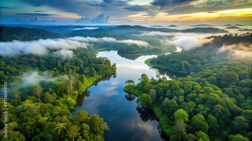 Naklejka premium Aerial view of misty rainforest lakes resembling world continents in dense jungle vegetation in late evening light