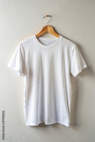 A classic white T-shirt hangs on a wooden hanger against a white background