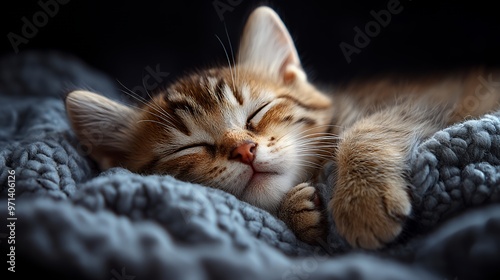 Close-up of a sleeping tabby kitten curled up on a soft gray blanket.