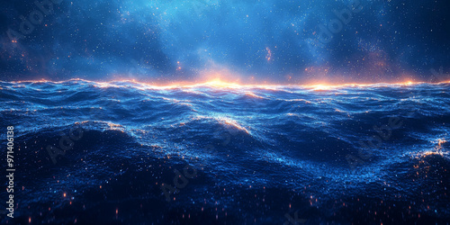 A starry night sky over a vast, blue ocean.