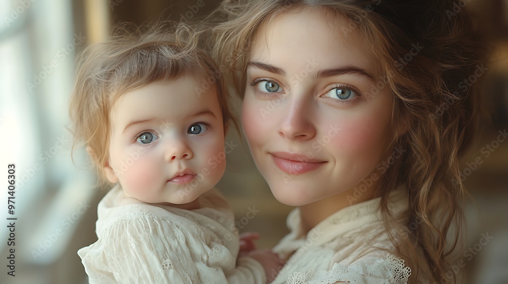 A young mother lovingly looks at her baby daughter. A young mother lovingly looks at her baby daughter.