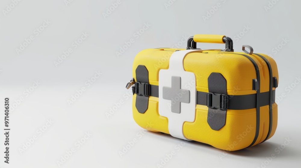A bright yellow first aid kit with a white cross emblem. Essential for emergency preparedness and safety in homes and travels. A bright yellow first aid kit with a white cross emblem. Essential for emergency preparedness and safety in homes and travels.