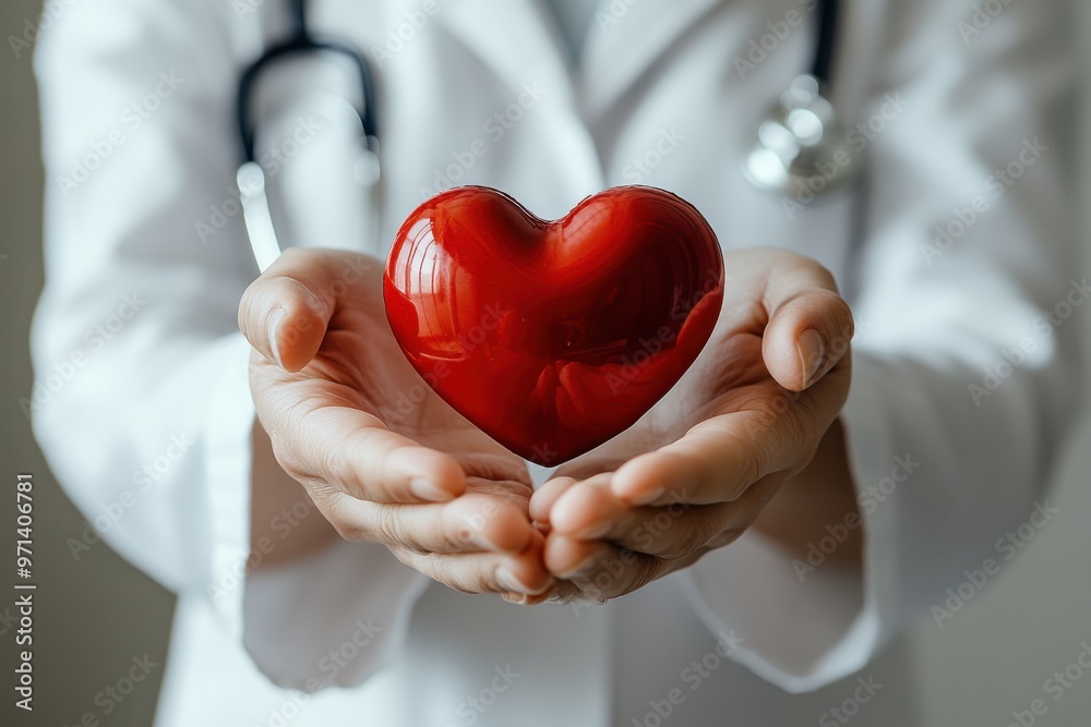 Hands of doctor holding up a red heart shaped Hands of doctor holding up a red heart shaped