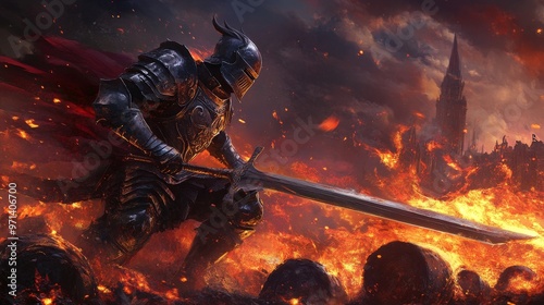 A fierce knight in armor stands amidst flames, wielding a sword in a dramatic battle scene, evoking themes of courage and valor.