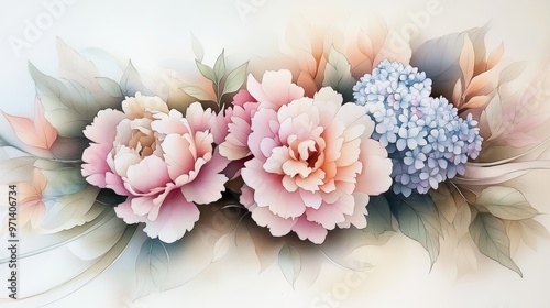 Beautiful floral arrangement featuring pink peonies and blue hydrangeas on a soft pastel background.