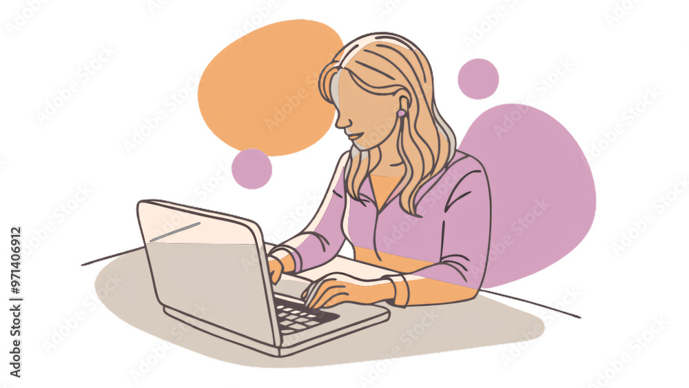 A woman with earphones and blonde hair is focused on her laptop, against on a transparent background. Purple and orange abstract shapes color the background A woman with earphones and blonde hair is focused on her laptop, against on a transparent background. Purple and orange abstract shapes color the background