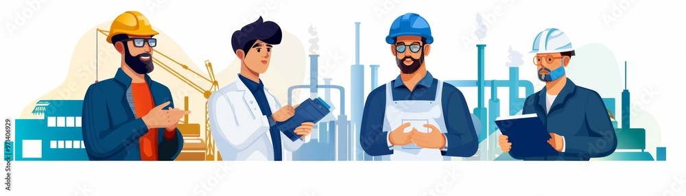 A diverse group of professionals in safety gear engaged in industrial work at a manufacturing facility. A diverse group of professionals in safety gear engaged in industrial work at a manufacturing facility.