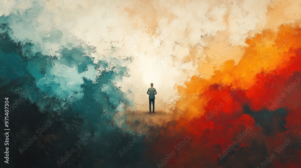 Obraz premium Facing my Faith. Businessman standing in the middle of the abstract splashes of color. 3D rendering.