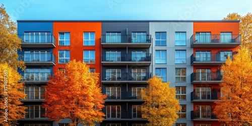 Modern apartment building with vibrant orange and grey facade, surrounded by autumn foliage with golden yellow and red leaves under a clear blue sky