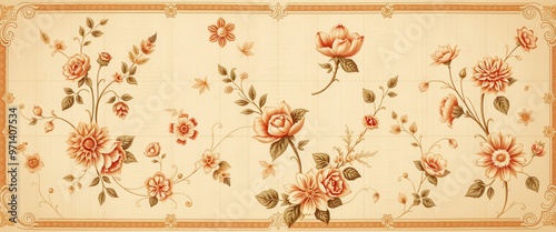 Vintage Floral Pattern with Ornate Border on Beige Background