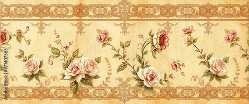 Vintage Floral Pattern with Delicate Roses and Ornate Border
