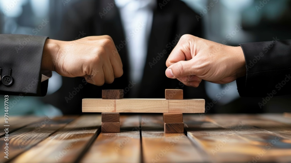 Two business professionals engaging in a competitive negotiation over a wooden block, showcasing tension and strategy in decision-making. Two business professionals engaging in a competitive negotiation over a wooden block, showcasing tension and strategy in decision-making.