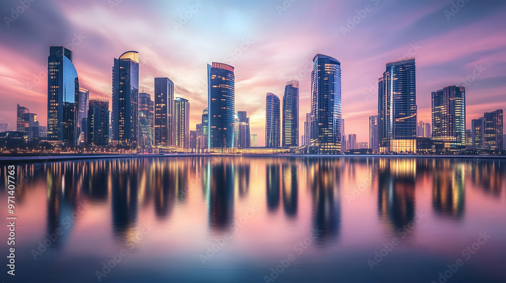 Fototapeta premium Dubai's Skyline: A Sunset Gem