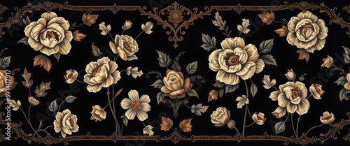 A Detailed Watercolor Illustration of Golden Floral Motifs on a Black Background