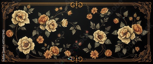 Ornate Gold Frame Enclosing Delicate Floral Pattern on Black Background