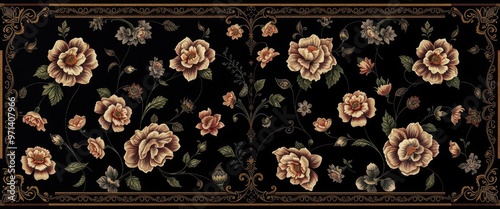Floral Pattern with Gold Trim on Black Background