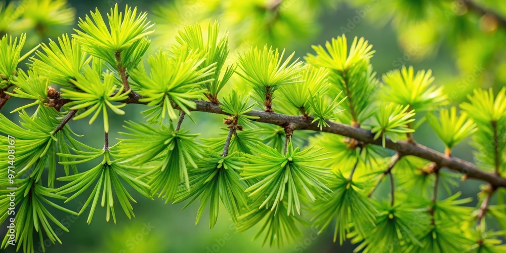Close-up of vibrant green branches of a Larix decidua, also known as a European Larch tree Close-up of vibrant green branches of a Larix decidua, also known as a European Larch tree