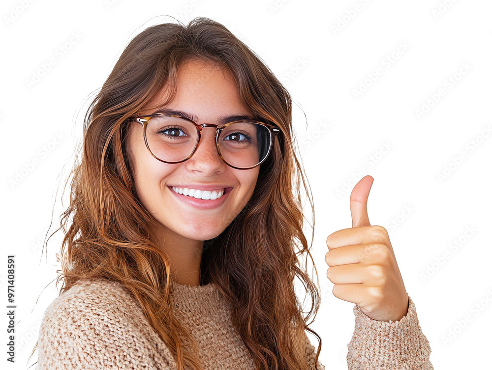 Young woman smiling and giving thumbs up indoors isolated transparent Young woman smiling and giving thumbs up indoors isolated transparent