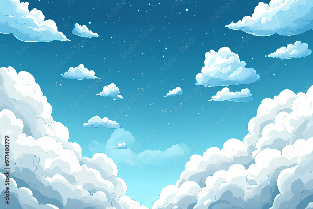 A serene sky filled with fluffy clouds and twinkling stars in a vibrant blue background. A serene sky filled with fluffy clouds and twinkling stars in a vibrant blue background.