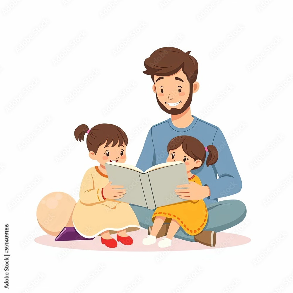 Father reading storybook to two daughters, illustration vector style
Father reading storybook to two daughters, illustration vector style