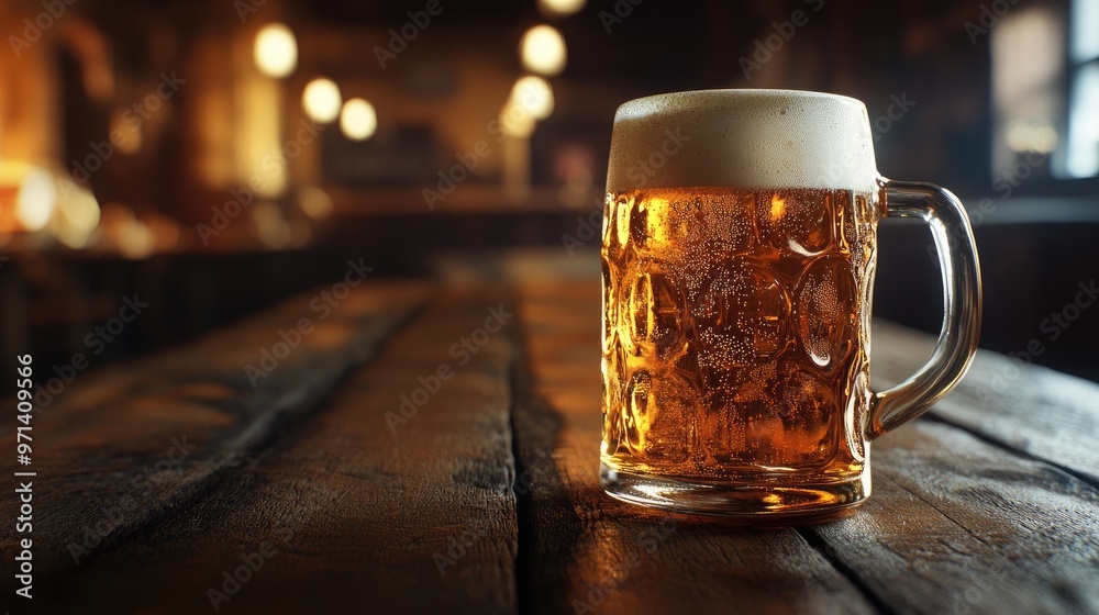 Foamy beer mug sitting on a well-worn wooden table, with warm lighting that highlights the refreshing drink and the cozy atmosphere. Foamy beer mug sitting on a well-worn wooden table, with warm lighting that highlights the refreshing drink and the cozy atmosphere.