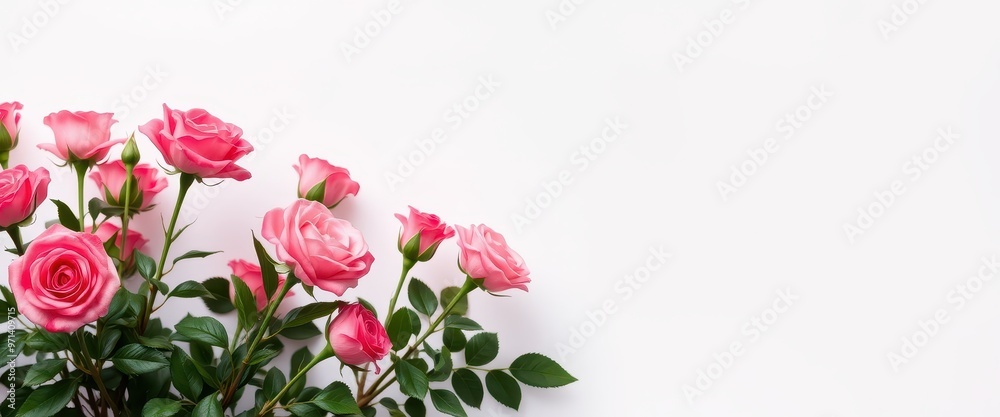 Obraz premium Pink Roses with Green Leaves on White Background