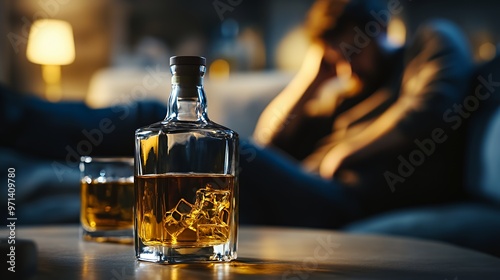 A bottle of liquor and a glass with ice cubes sit on a table, blurred out in the background is a person.