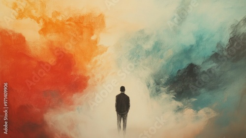 Facing my Faith. Conceptual image of a businessman standing in the middle of the clouds.