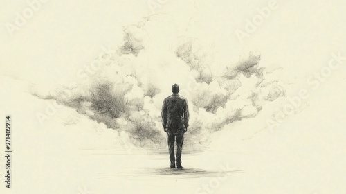Facing my Faith. Digital painting of a man standing in front of a cloudy sky.