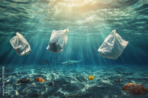 Marine Life Encounters Biodegrading Plastic Bags in Crystal Clear Ocean Waters - Ultra Realistic Scene of Environmental Impact photo