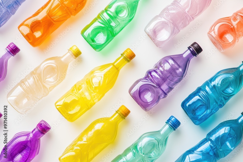 Colorful Geometric Pattern of Recycled Plastic Bottles on White Background Colorful Geometric Pattern of Recycled Plastic Bottles on White Background