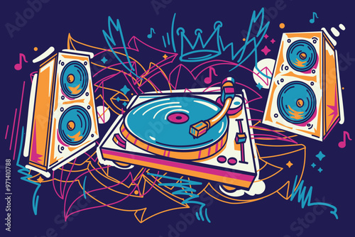 Drawn turntable with speakers and musical notes, colorful music design