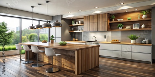 A modern kitchen featuring a stylish wood counter island