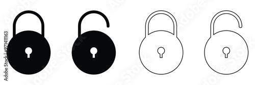 Lock icon collection. Locked and unlocked black line icon set. Flat security symbol. Lock symbol isolated on white background. Padlock symbol. Privacy symbol vector stock illustration. Eps file 73.