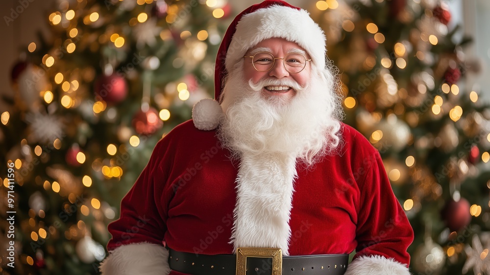 Santa Claus smiling warmly, dressed in a red suit with white fur trim, standing in a cozy room decorated with a Christmas tree and glowing holiday lights. Santa Claus smiling warmly, dressed in a red suit with white fur trim, standing in a cozy room decorated with a Christmas tree and glowing holiday lights.