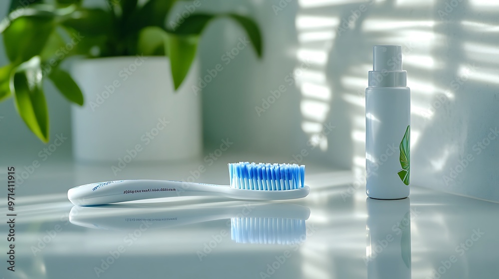 Close-up of a toothbrush with blue bristles next to a tube of toothpaste on a clean white countertop Close-up of a toothbrush with blue bristles next to a tube of toothpaste on a clean white countertop