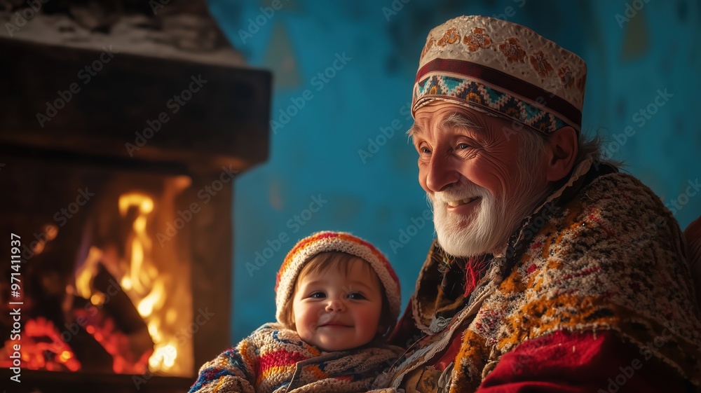 Baba Dochka with a bright smile, dressed in traditional Bulgarian clothing, sitting by a cozy fireplace with a young child, set against a vibrant blue background. Baba Dochka with a bright smile, dressed in traditional Bulgarian clothing, sitting by a cozy fireplace with a young child, set against a vibrant blue background.