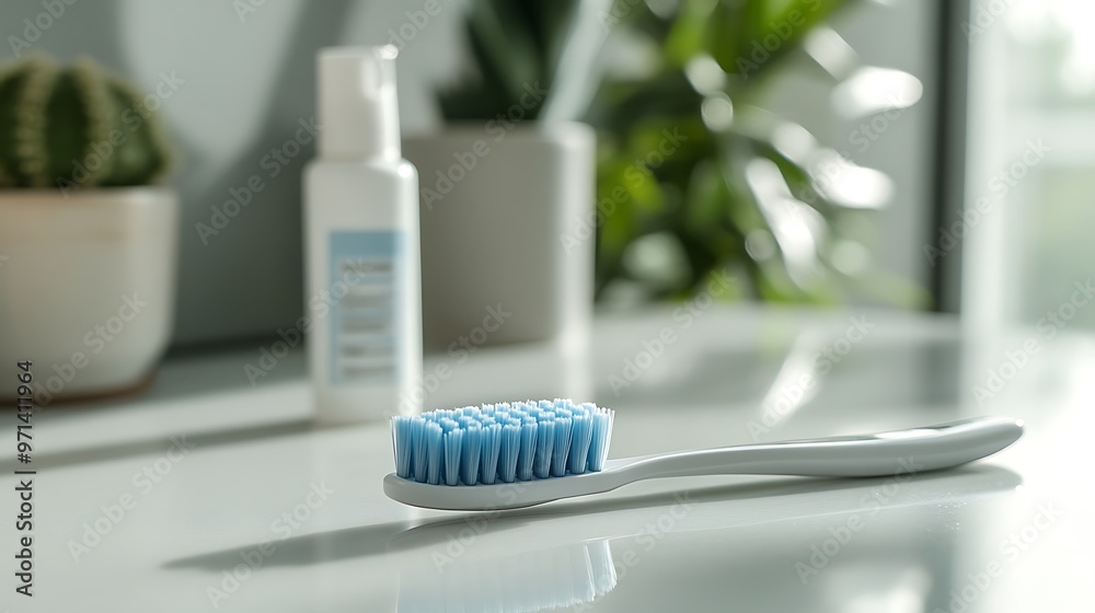 Close-up of a toothbrush with blue bristles next to a tube of toothpaste on a clean white countertop Close-up of a toothbrush with blue bristles next to a tube of toothpaste on a clean white countertop