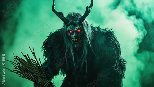 Krampus, the mythical Christmas demon with glowing red eyes and dark fur, menacingly holding birch sticks, standing against a smoky green background. photo