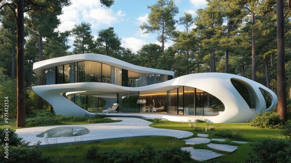 Modern futuristic villa with clean lines in a peaceful forest setting, combining cutting-edge architecture with natural beauty. Modern futuristic villa with clean lines in a peaceful forest setting, combining cutting-edge architecture with natural beauty.