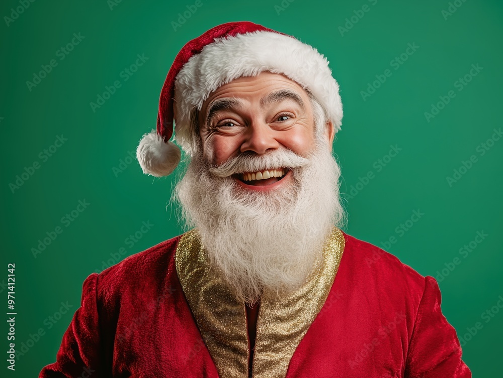 Babbo Natale with a big smile, dressed in a red suit with gold accents, standing against a vibrant green background filled with festive light bokeh. Babbo Natale with a big smile, dressed in a red suit with gold accents, standing against a vibrant green background filled with festive light bokeh.